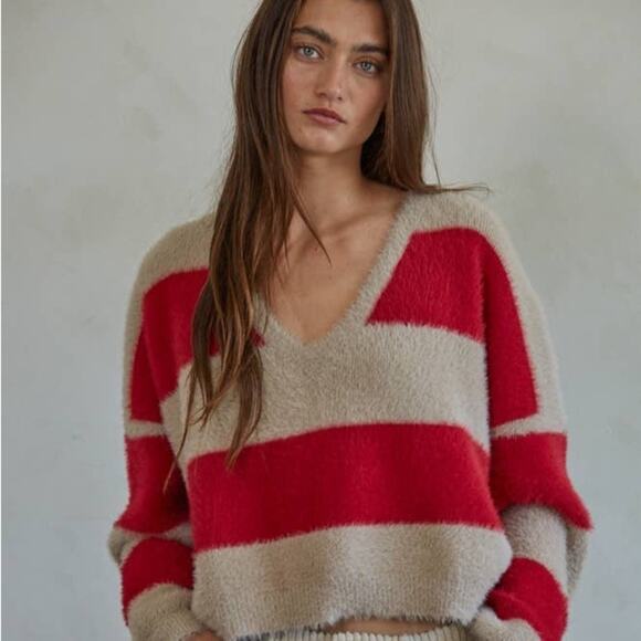 By Together Sweaters - NWT By Together Striped Fuzzy Knit V-Neck Sweater in Red and Taupe - Size S